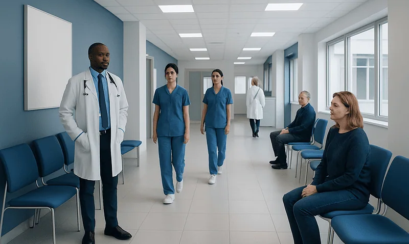 Medical professionals and patients in a hospital corridor at Acibadem Hospitals Group.