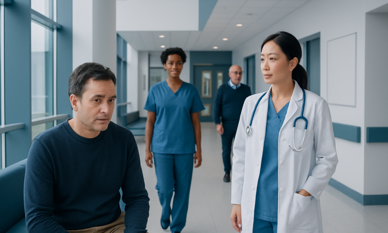 Doctor consulting a patient in a hospital corridor with medical staff in the background.
