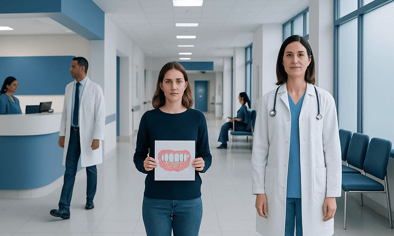 Medical professionals and patient in hospital corridor with dental model.