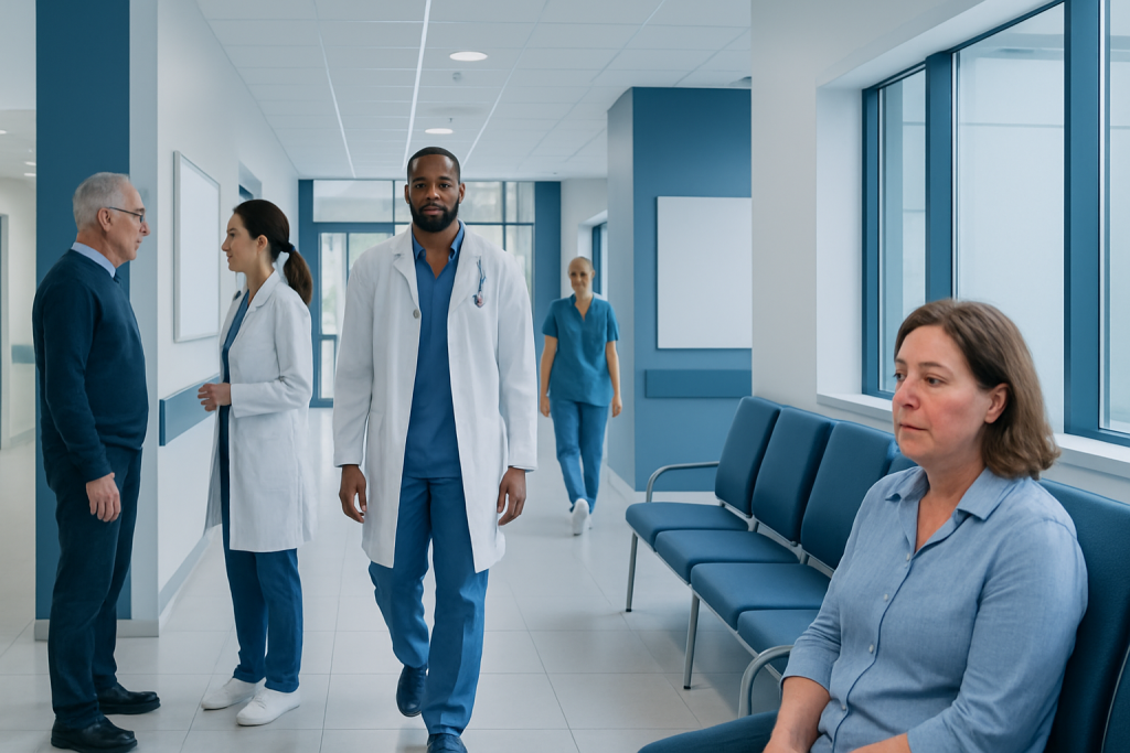Understanding Hyperemia: A Complete Patient Guide 1 Healthcare professionals and patient in a modern hospital corridor.