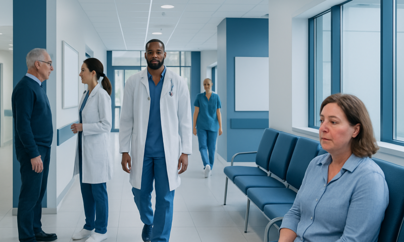 Healthcare professionals and patient in a modern hospital corridor.