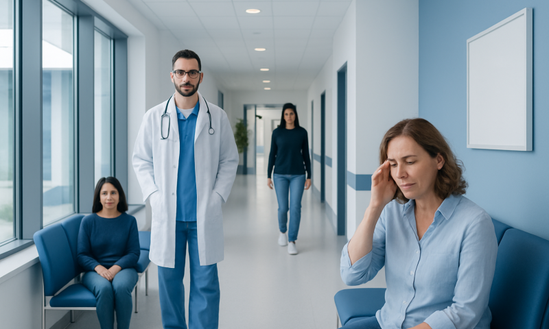 Patient experiencing head pain in hospital corridor with medical staff nearby.