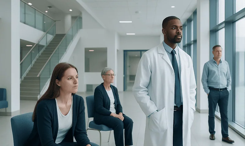 Medical team waiting in a modern hospital lobby with large windows.