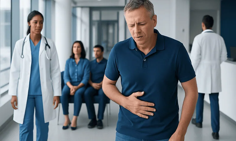 Man experiencing stomach pain in hospital corridor with medical staff nearby.