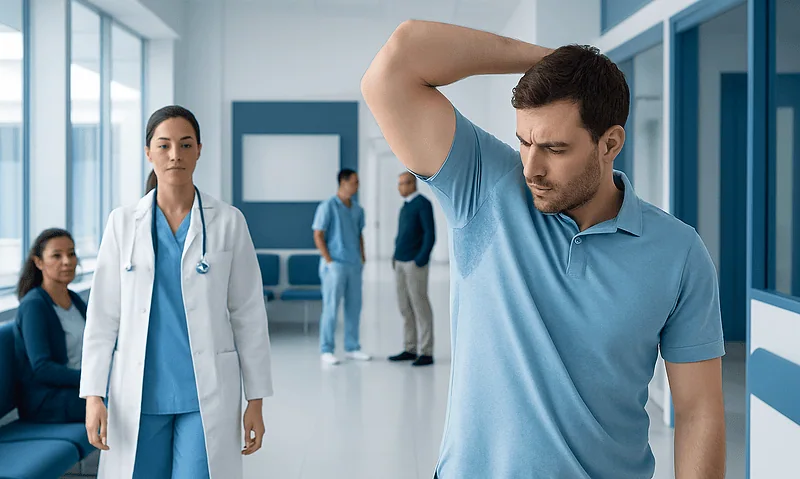 Man experiencing excessive sweating in a hospital corridor.