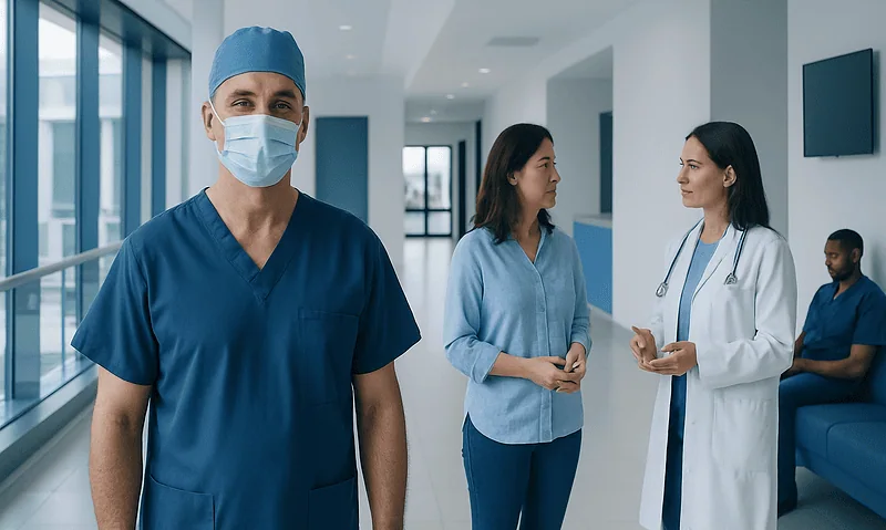 Medical team at Acibadem Hospital in a modern corridor.