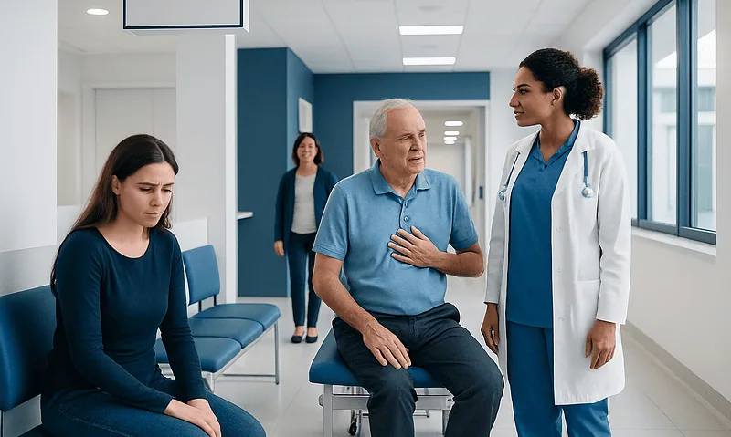Doctor consulting with elderly patient in hospital corridor.