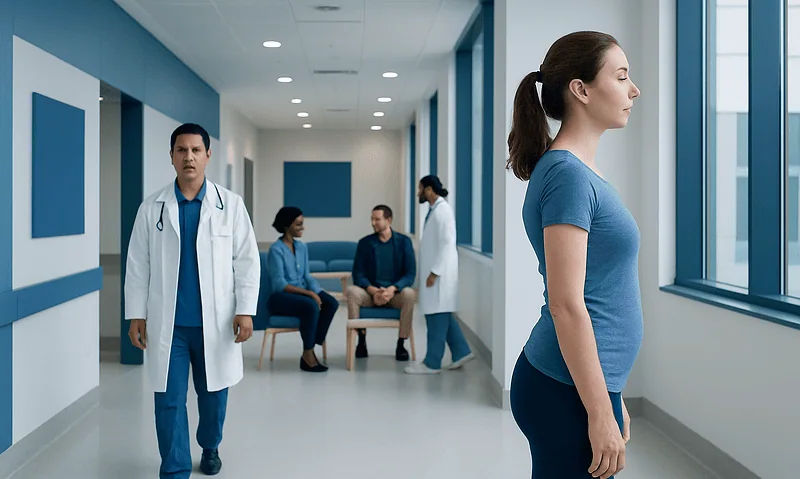 Young woman with hyperlordosis in a hospital corridor.