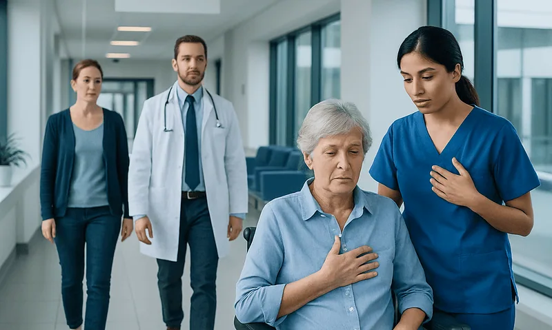 Healthcare professionals assist an elderly woman in a hospital corridor.