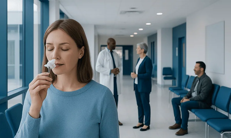 Woman smelling a flower in a hospital corridor with doctors and patients nearby.
