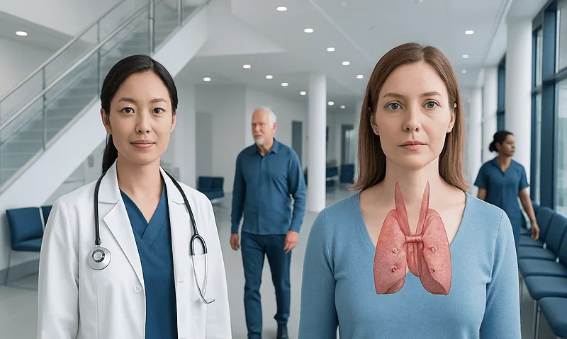 Medical professionals in a hospital corridor with a thyroid illustration overlay.