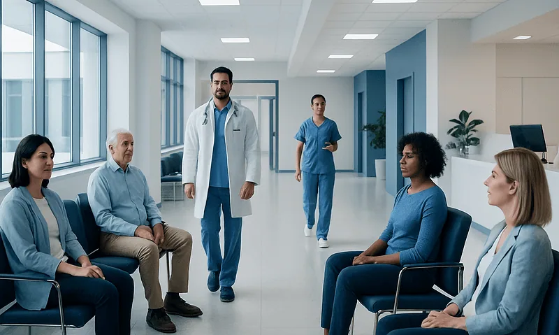 Medical team conducting a patient consultation in a hospital corridor.