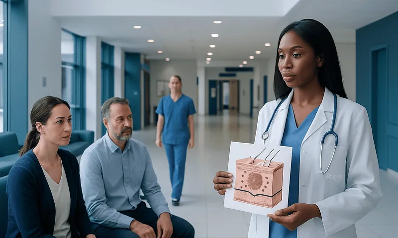 Medical professional explaining skin layers to patients in hospital corridor.