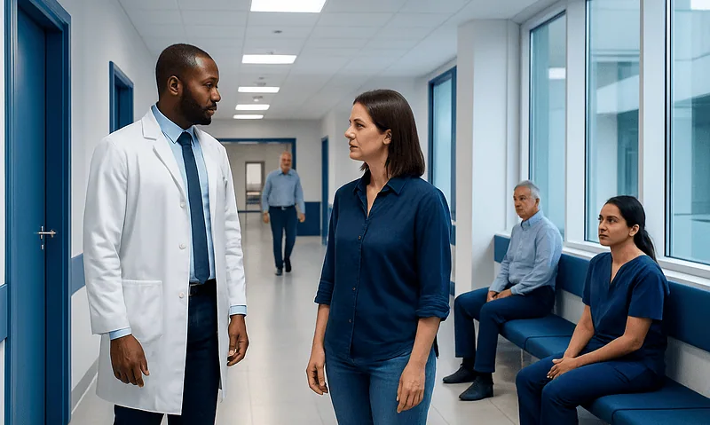Doctor consulting female patient in hospital corridor with waiting area.