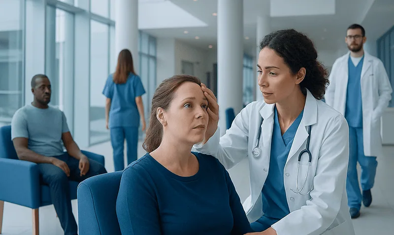 Doctor examining a patient in a hospital waiting area.