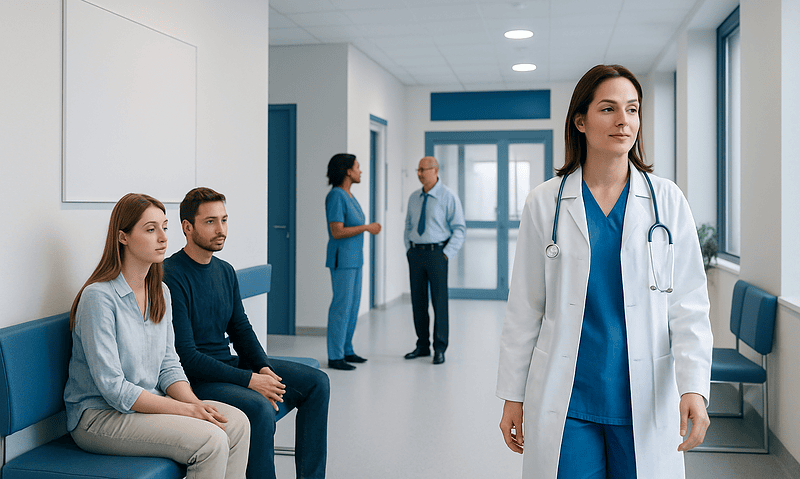 Medical professional in a hospital corridor with patients and staff.
