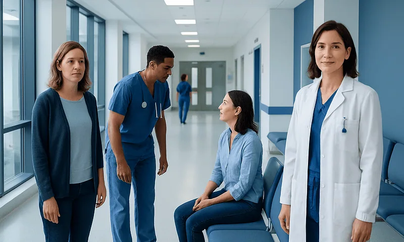 Medical team consulting patient in hospital corridor at Acibadem Hospitals.