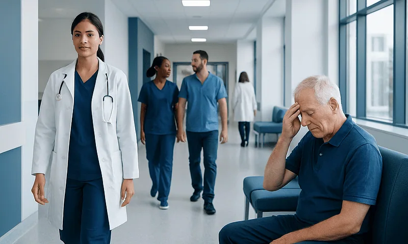 Medical staff and a patient in a hospital corridor at Acibadem Hospitals Group.