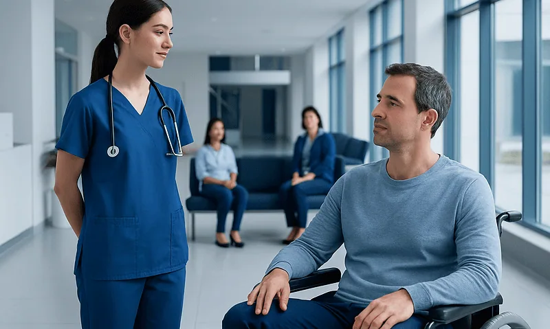 Healthcare professional talking to a patient in a hospital corridor.