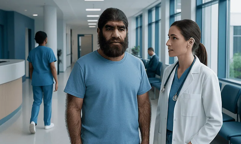 Patient and doctor in hospital corridor at Acibadem Hospitals Group.