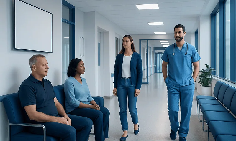 Hospital waiting area with patients and medical staff in a modern clinic.