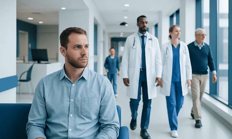 Patient waiting in hospital corridor with medical staff nearby.