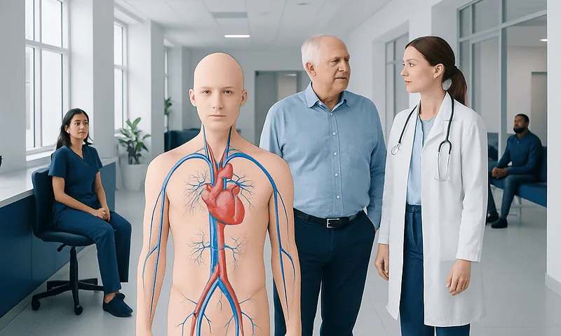 Medical professionals discuss cardiovascular health with a patient in a hospital.