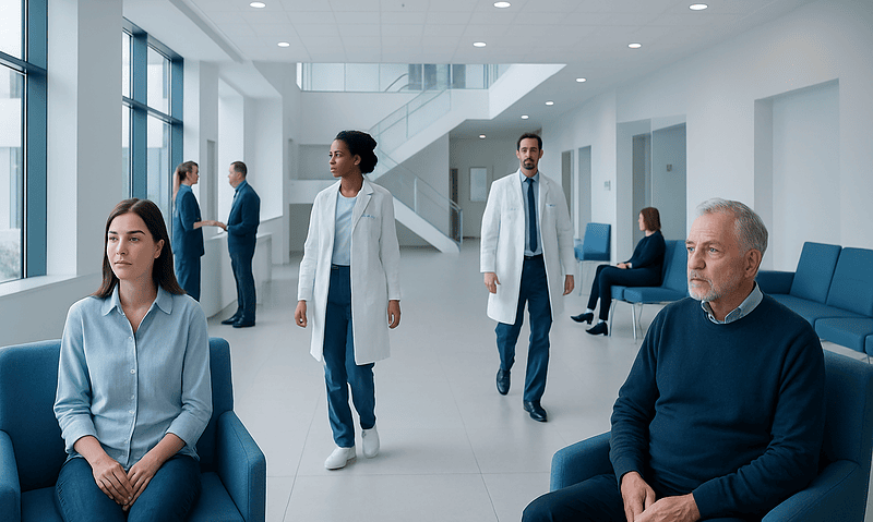Modern hospital waiting area with patients and medical staff.