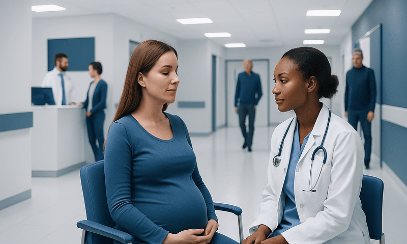 Pregnant woman consulting with a doctor in a hospital corridor.