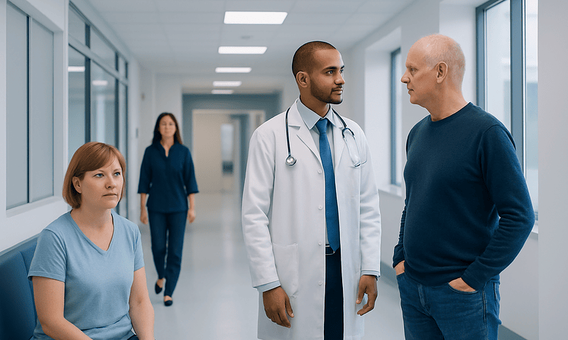 Doctor consulting with patient in hospital corridor for diabetes management.