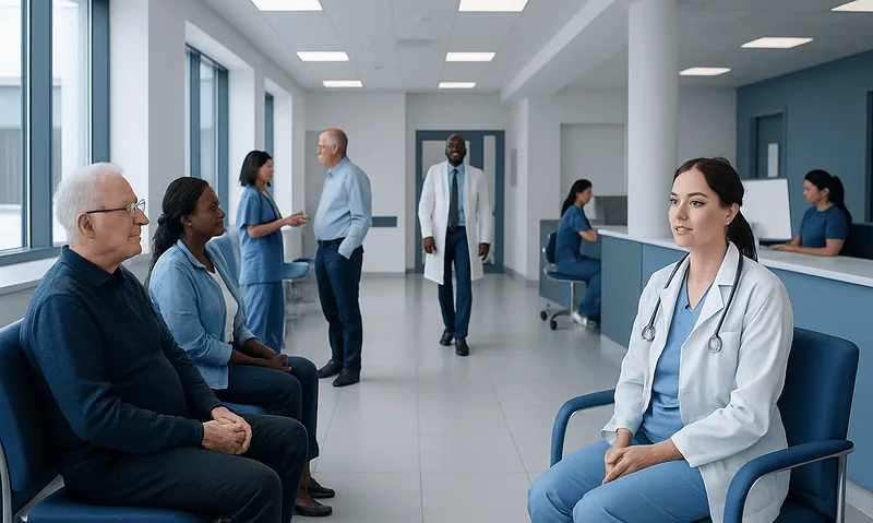Patients waiting in a hospital reception area with medical staff present.