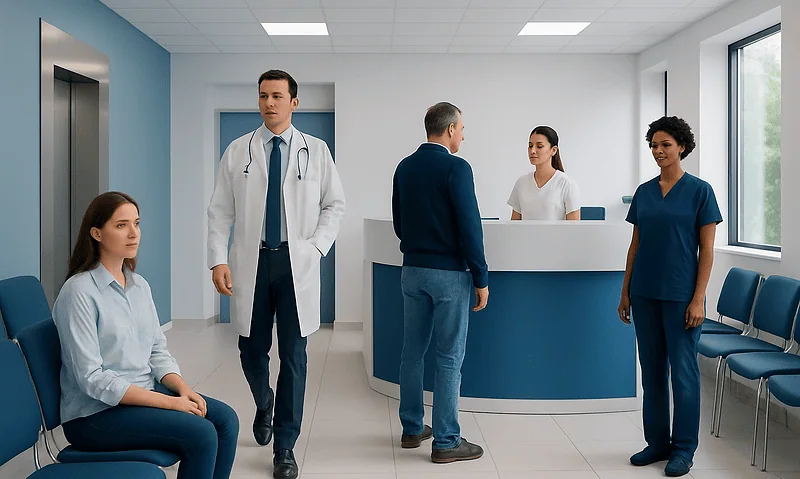 Medical staff and patients in a hospital waiting area at Acibadem Hospitals Group.