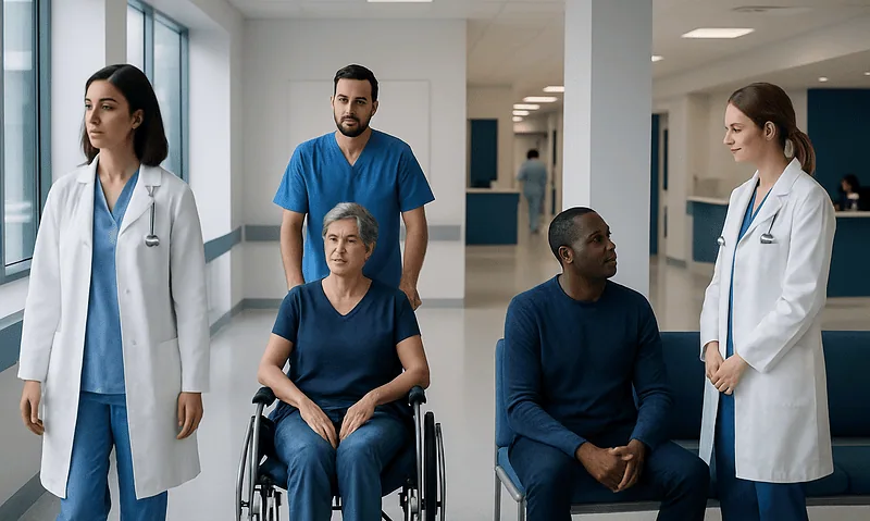 Medical team with patients in hospital corridor at Acibadem Hospitals Group.