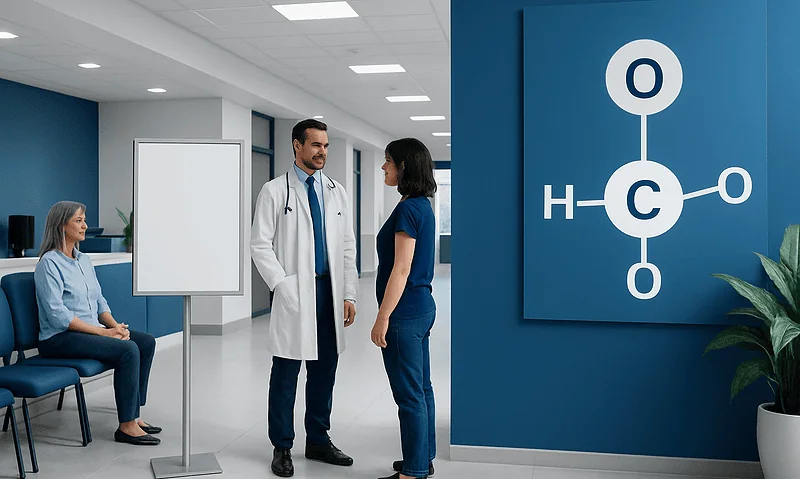 Doctor consulting with patient in hospital corridor with molecular diagram on wall.