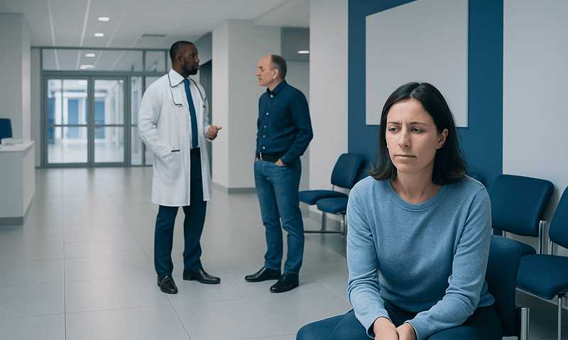 Patient waiting in hospital corridor with doctor and visitor in background.