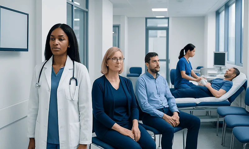 Medical professionals and patient in a hospital consultation room.