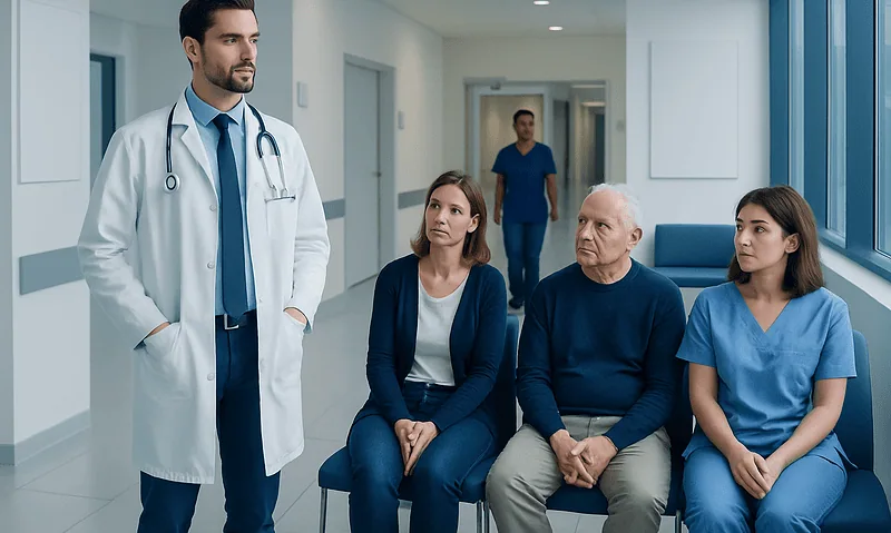 Doctor consulting with patients in a hospital corridor.