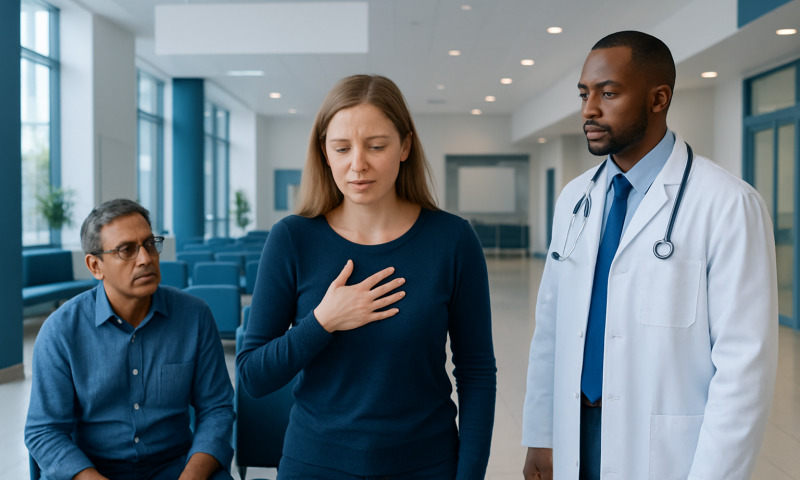 Woman experiencing hypoglycemia symptoms during medical consultation.