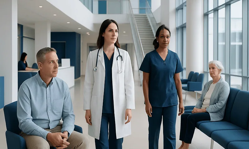 Medical team consulting with patients in a modern hospital lobby.