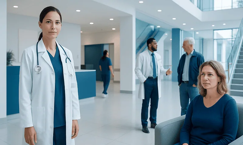 Medical professionals and patient in a modern hospital lobby.