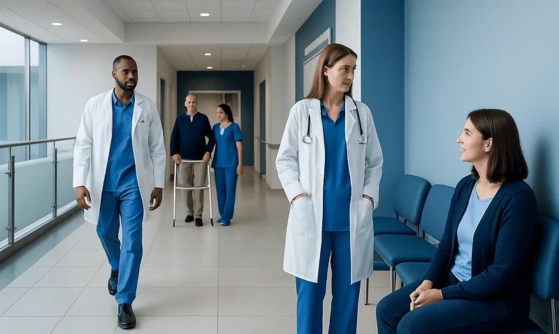 Medical team in hospital corridor with patient seating area.