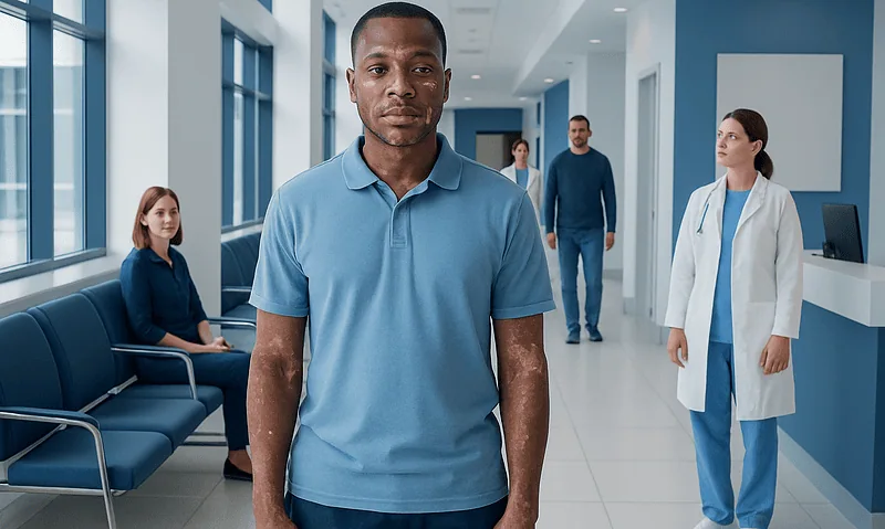 Diverse group of patients and medical staff in hospital corridor.