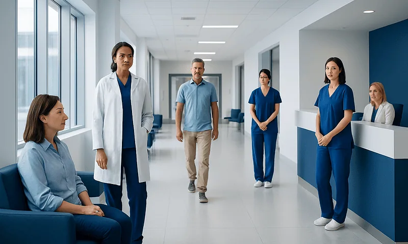Medical team in hospital corridor during a patient consultation.