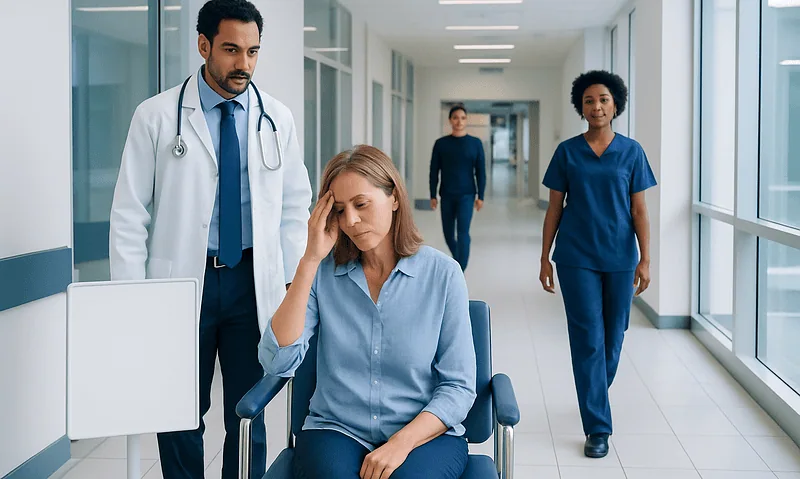 Patient experiencing headache in hospital corridor with medical staff nearby.