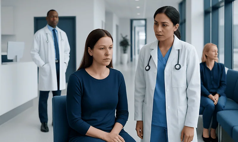 Doctor consulting patient in hospital corridor for Hypothalamic Amenorrhea.
