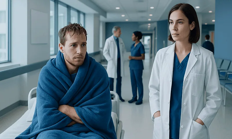 Patient with hypothermia wrapped in a blanket in hospital corridor.