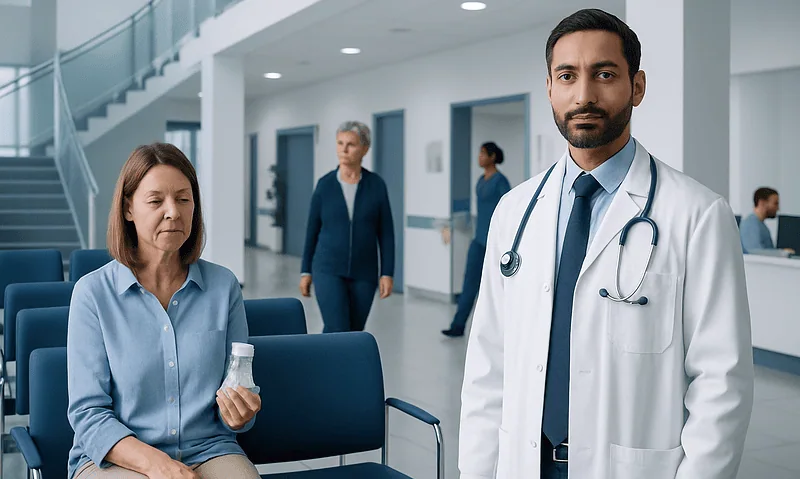 Doctor consulting a patient in a hospital waiting area.