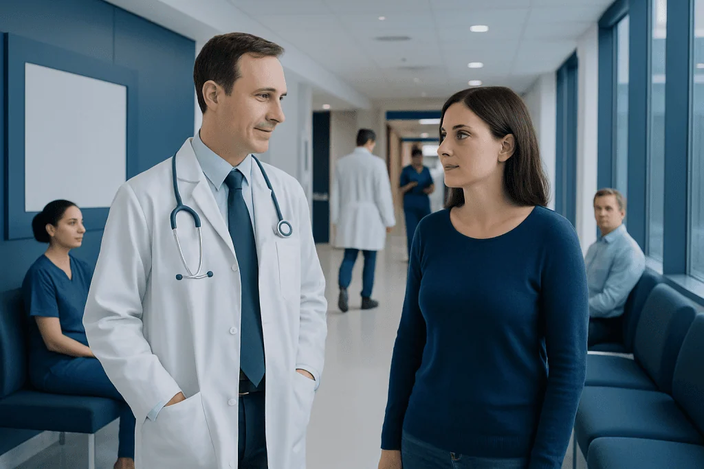 Hypothyroidism Treatments: Symptoms, Causes, and Treatment Options 1 Doctor consulting a patient in a hospital corridor with staff in the background.
