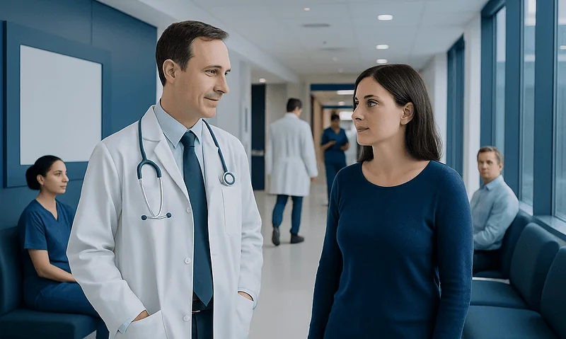 Doctor consulting a patient in a hospital corridor with staff in the background.