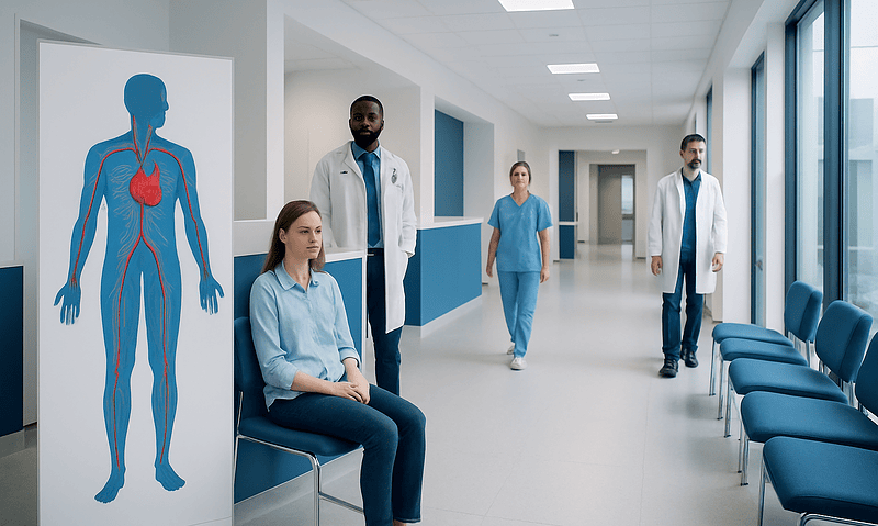 Medical staff and patient in hospital corridor with anatomy chart.